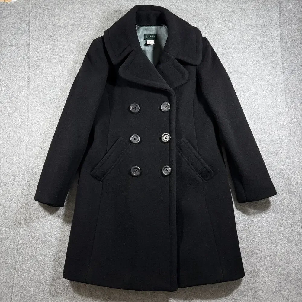 J. Crew Peacoat Womens 8P Black Wool Cashmere Double Breasted Notched Collar